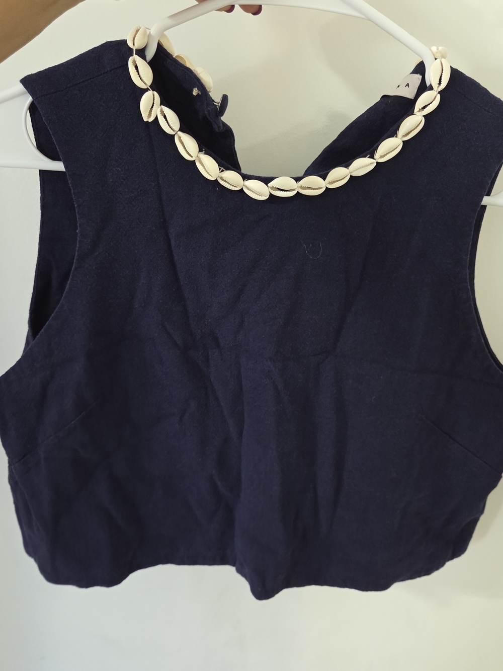 Fortuna Navy Blue Linen Cowrie Shell Embellished Halter Crop Top Size M